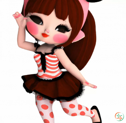 A doll with a red and black dress and a white background