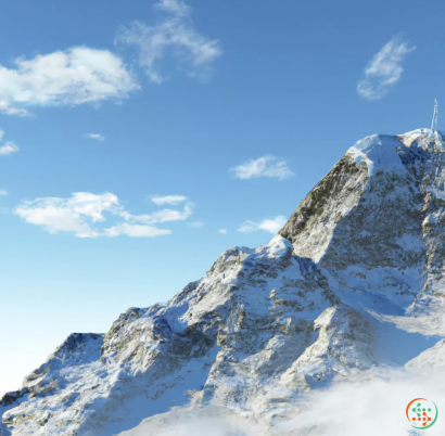 A snowy mountain with blue sky