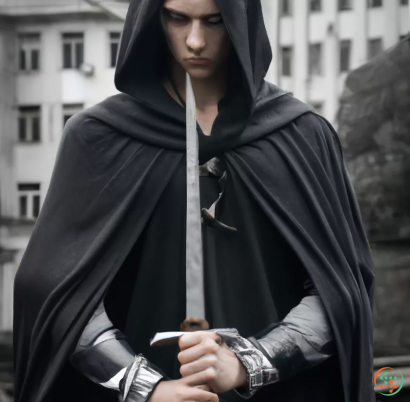 A person wearing a black jacket and holding a sword