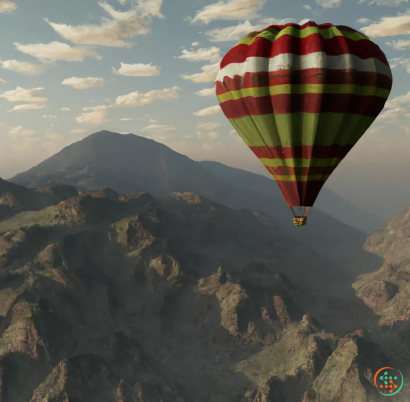 A hot air balloon flying over a mountain