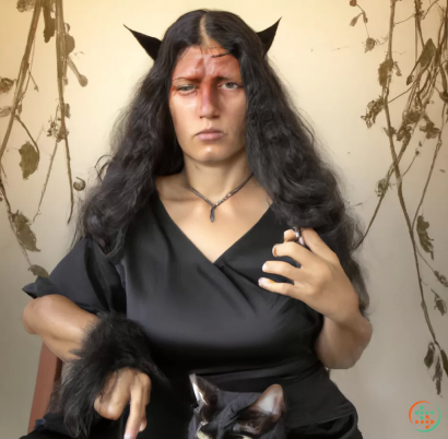 A woman with long hair and a black shirt with a cat on her shoulder