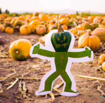 A green and white toy in front of pumpkins