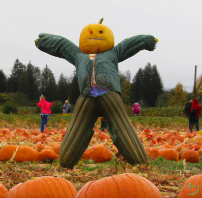 A person in a garment surrounded by pumpkins