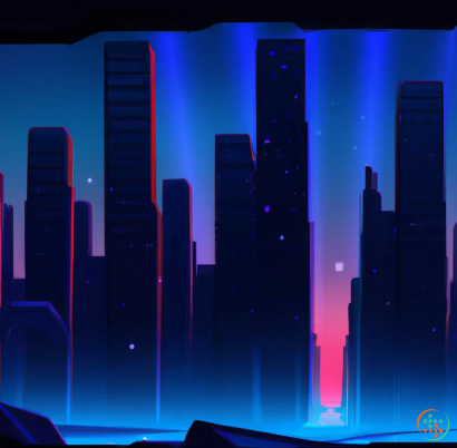 A group of tall buildings with bright lights