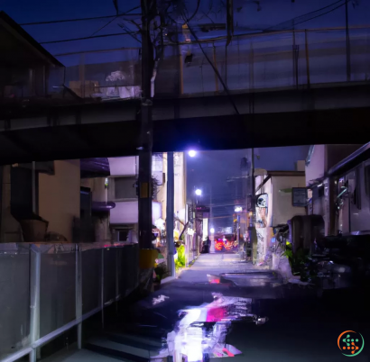 A street with buildings and lights