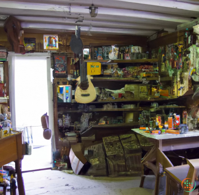 A room with shelves and guitars