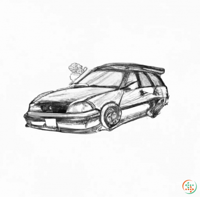 A black and white drawing of a car