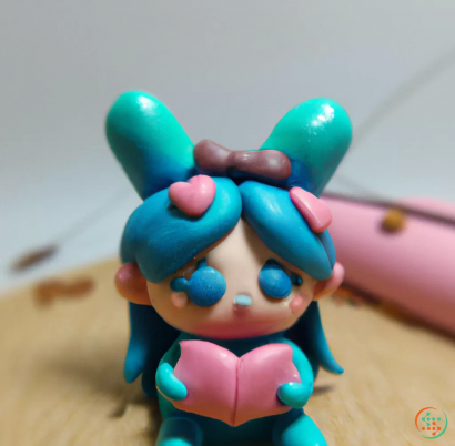 A toy figurine of a blue and pink character