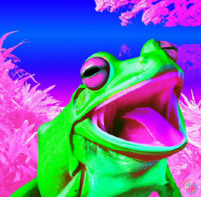 A green frog with pink and purple eyes