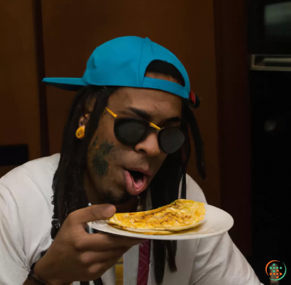 A person wearing a blue hat and sunglasses holding a plate of food