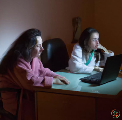A couple of women sitting at a desk with a laptop