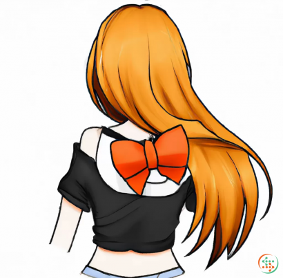 Logo - long light brown hair,orangey red crop top,black shirt, blue jeans,light blue eyes, orange bow tie in the back of the head, anime