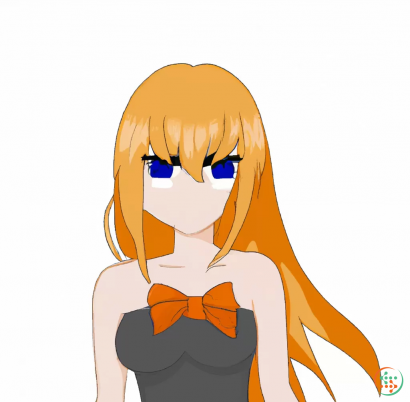 Logo - long light brown hair,orangey red crop top,black undershirt, blue jeans,light blue eyes, orange bow tie in the back of the head, anime