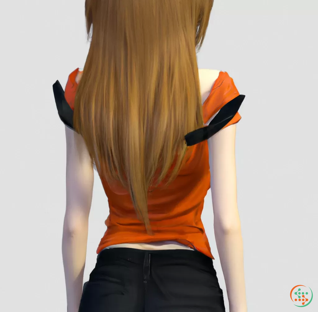 3D Rendering Of Long Light Brown Hair,orangey Red Crop Top,black  Undershirt, Blue Jeans,light Blue Eyes, Orange Bow Tie In The Back Of The  Head, Anime, Vtuber Model Facing To The Right A