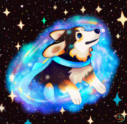 A blue and white cartoon character on a planet with stars