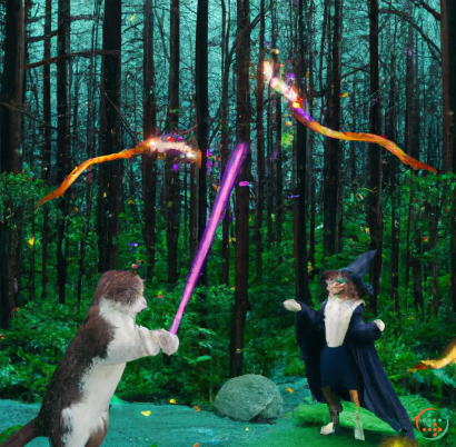 A person and a dog in a forest with a fire and a fire