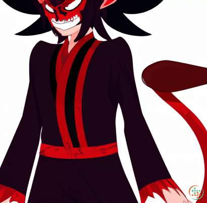 Logo - male demon lord with a red and black suit and with a oni mask on and a tail