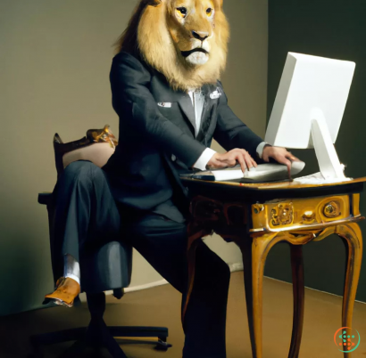 A person in a suit sitting at a desk with a paper and a lion head