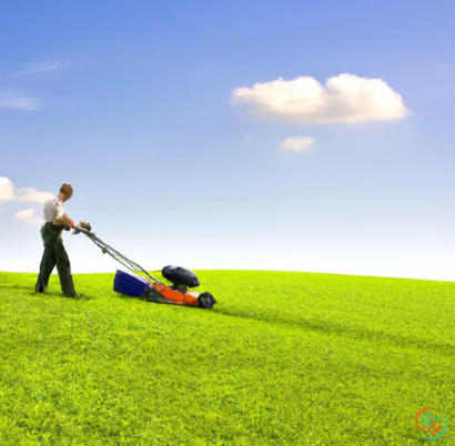 A person standing on a grass field with a small lawnmower