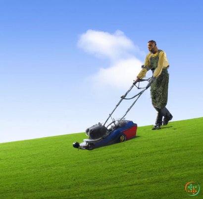 A man standing next to a lawn mower