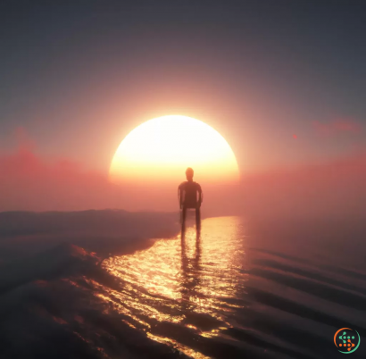 A person standing in water with the sun in the background