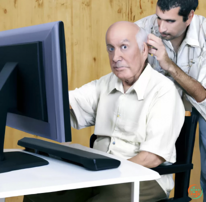 A man sitting at a desk with a laptop and another man standing behind him