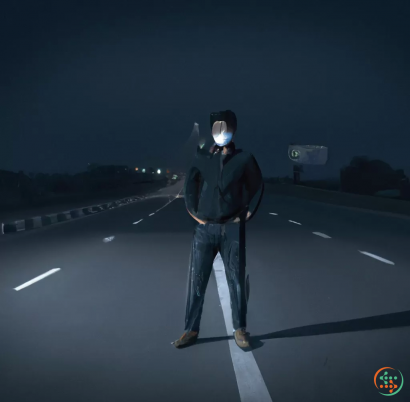 A person in a mask and a mask standing on a road