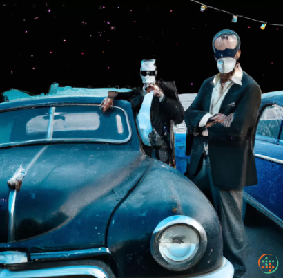 Two men in black suits standing next to a car