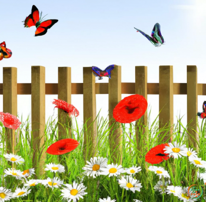 A group of colorful butterflies flying over a fence