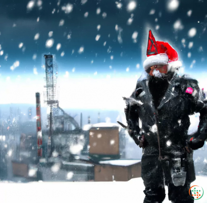 A person in a santa hat and coat with a city skyline in the background