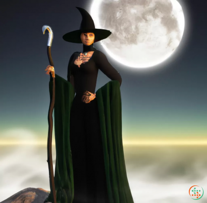 A person in a black dress and hat with a long green cape and a long black long black