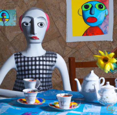 A person in a garment sitting at a table with teacups and tea cups