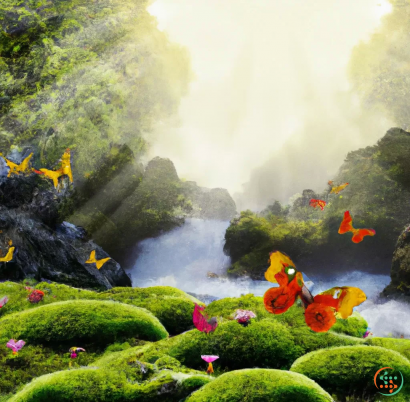 A group of fish swimming in a pond surrounded by plants and rocks