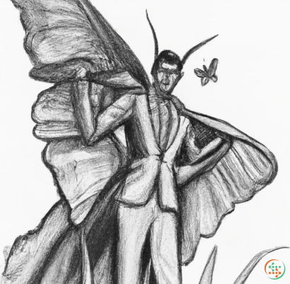 A black and white drawing of a person in a dress with a butterfly