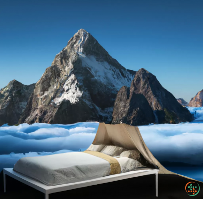 A bed with a mountain in the background