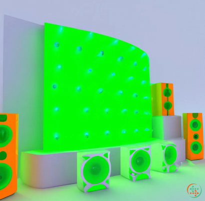 Icon - 3D rendering of music and song with orange and green ambient led lighting, white background,