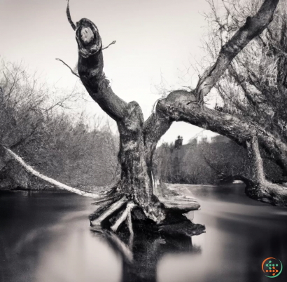 A tree with a face carved into it in a body of water