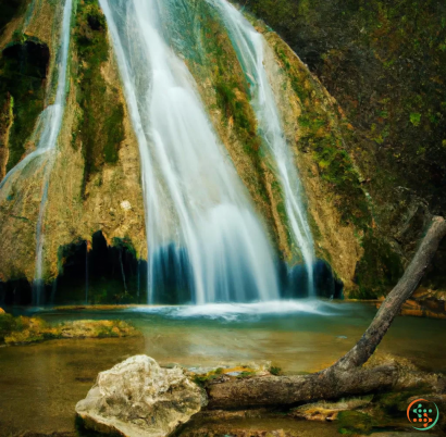 A waterfall with a rock in front of it