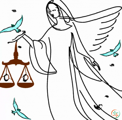 Diagram - One Line Drawing of mythical woman showing justice and peace. Use balance scale, doves, mother Theresa