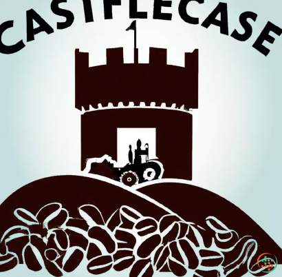 Diagram - Name: Castle Roasts. Logo: Use a medieval castle silhouette as the background, with a coffee farmer or a coffee bean in the foreground