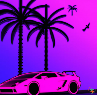 A pink car with a palm tree and a pink background