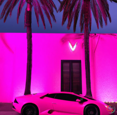 A red car parked in front of a pink wall with a red door