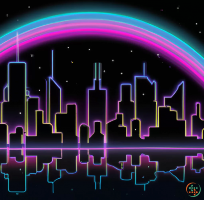 Text - neon rainbow city skyline floating in space, Vaporwave