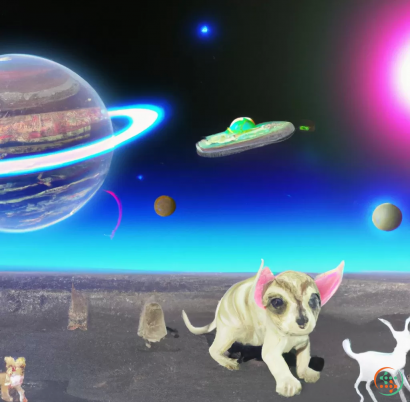 A dog in front of a planet