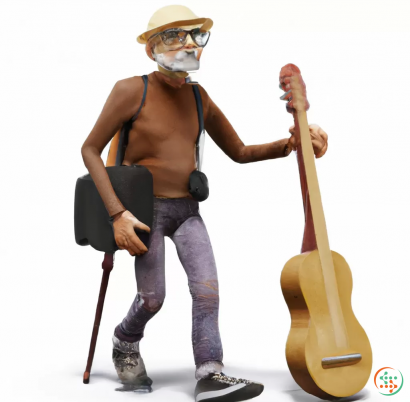 A person with a beard and a hat holding a guitar