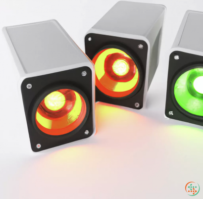 Icon - 3D rendering of orange and green ambient led lighting, white background, music and song