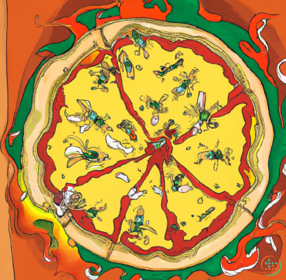 Map - overhead view of early beatles on flying flaming pie, illustration