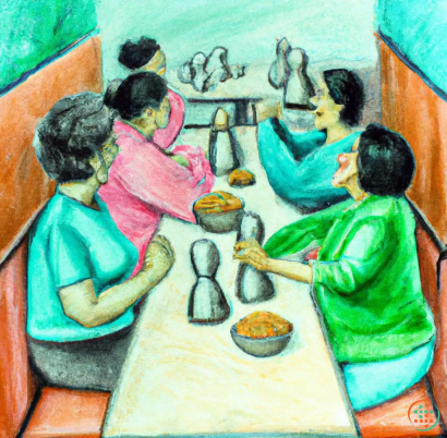 A painting of a group of women painting