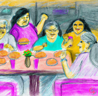 A group of people sitting at a table with food