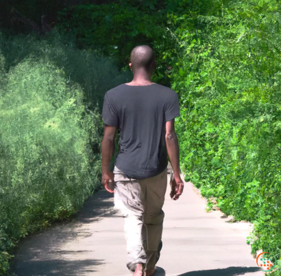 A man walking on a path surrounded by bushes